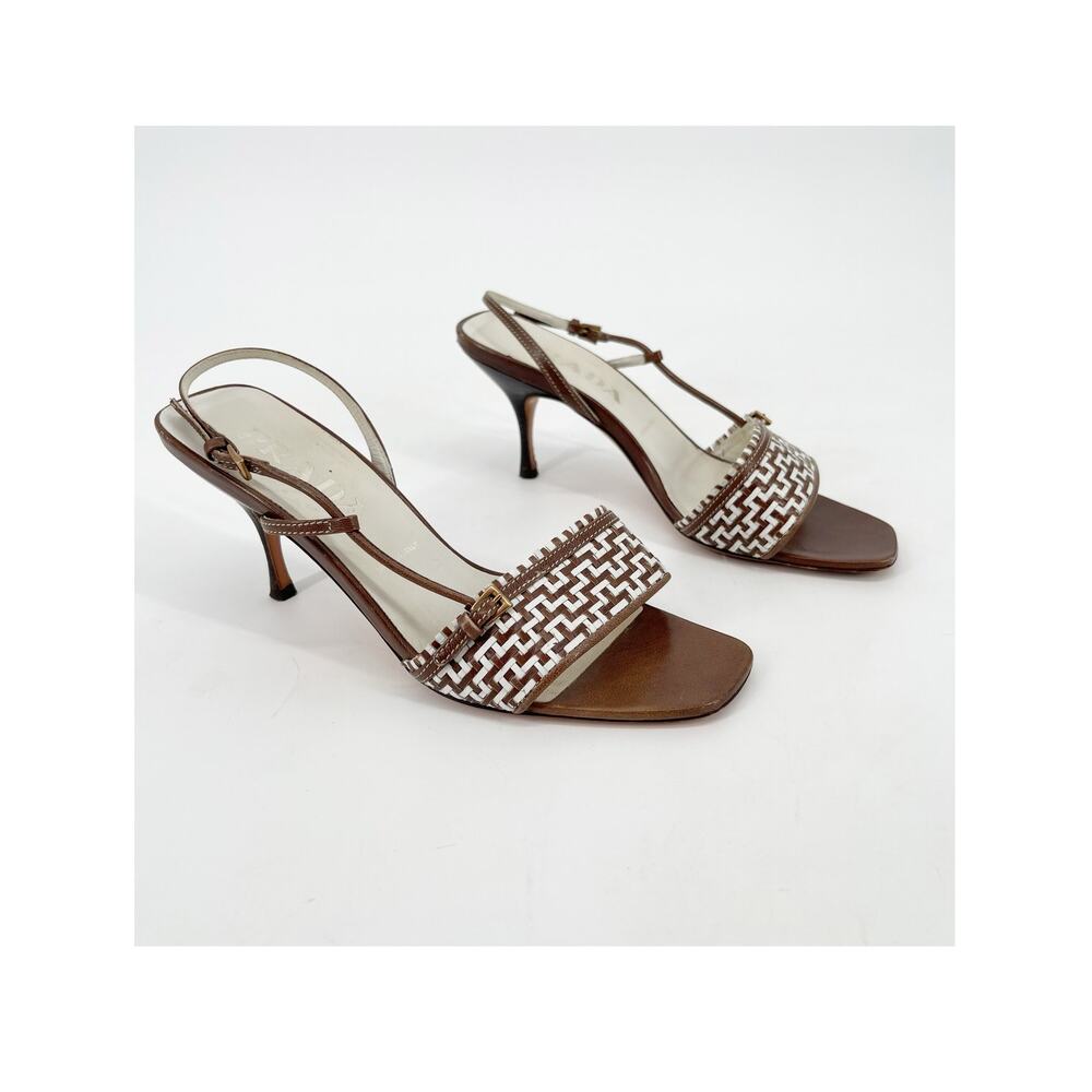 Prada Brown and White Leather Slingback Sandals